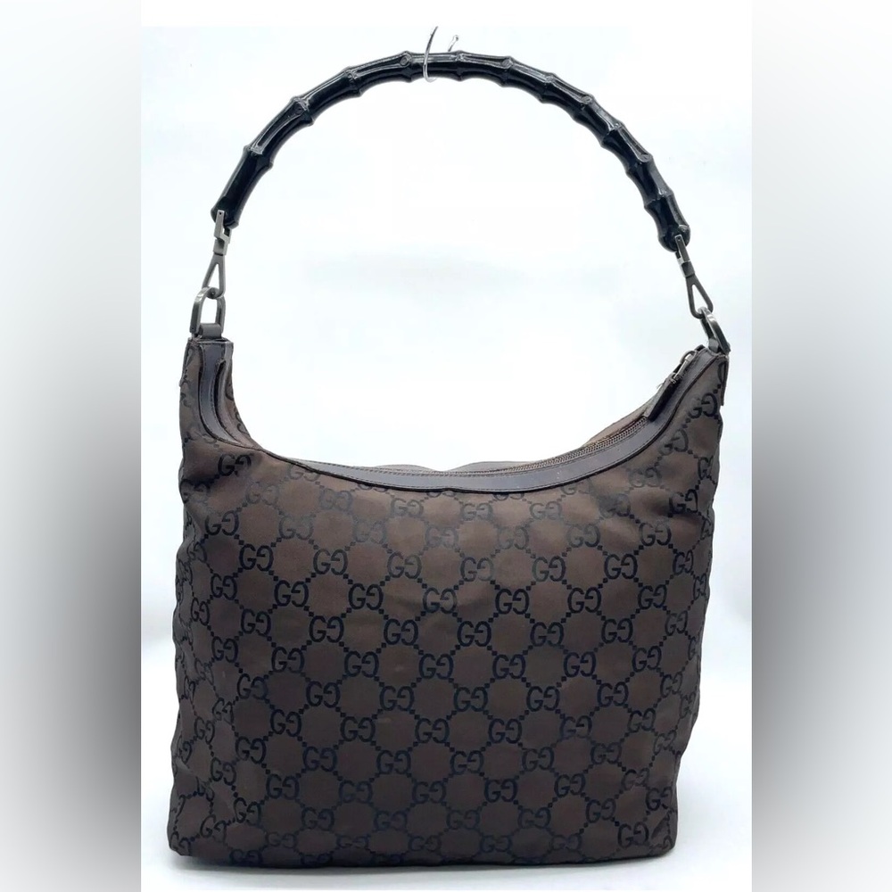 Authentic Gucci GG Bamboo Nylon Leather Brown Shoulder Bag